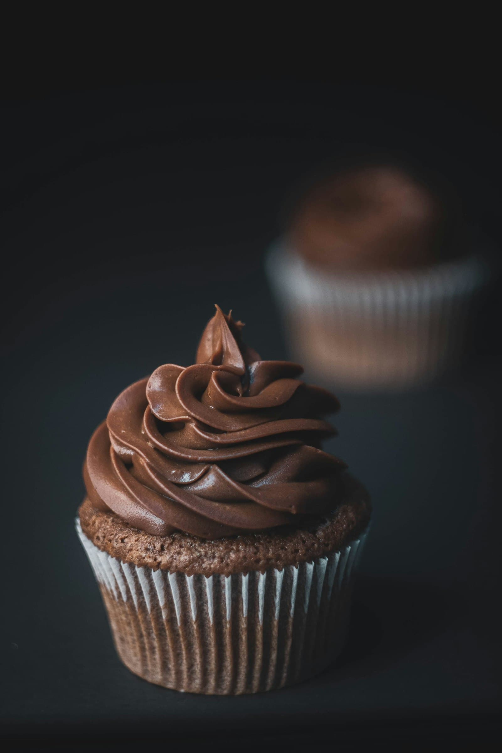 A dark-chocolate cupcake with a swirled ganache crown, lit against a black background
